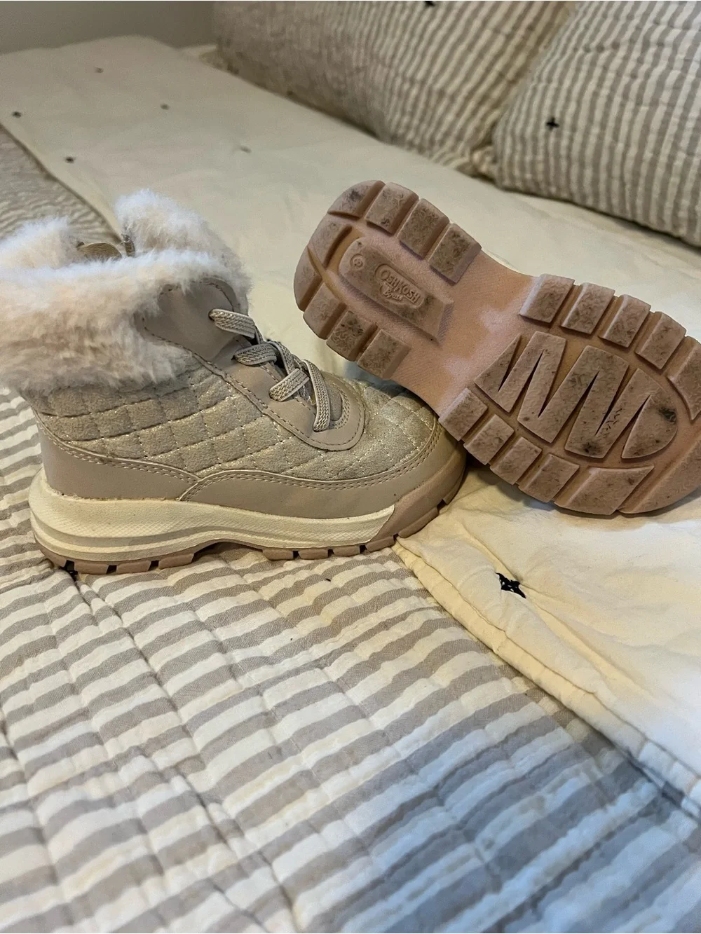 Kids Quilted Faux-Fur High-Top Boots in Light Pink and Glitter